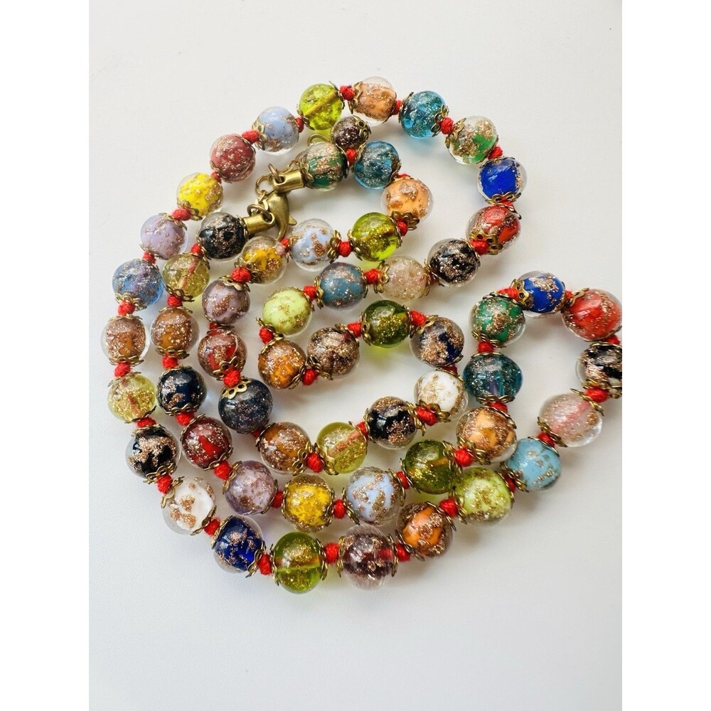 Vintage Italian Venetian Murano Glass Bead Necklace Multi Color Gold Foil 26”
